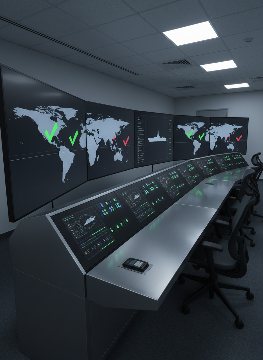 A high-security defence procurement control room with a large, matte-black multi-screen dashboard dominating the scene, each screen displaying abstracted world maps, compliance checkmarks, and anonymized equipment silhouettes without readable text. In the foreground, a sleek brushed-metal console with glowing status indicators and a secure access card reader suggests restricted access. Cool, diffused overhead lighting creates subtle reflections on the metallic surfaces, emphasizing precision and order. Shot from a slightly elevated, wide-angle perspective in photographic realism, the composition uses leading lines from the console toward the screens, conveying global oversight, export-control compliance, and rigorous verification in a calm, professional atmosphere.