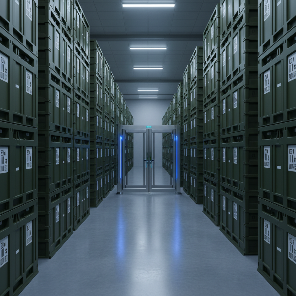 A pristine, climate-controlled defence equipment warehouse interior filled with neatly organized rows of large, unmarked, matte olive and charcoal containers, each tagged with abstract barcode icons instead of text. A central, automated scanning gate with blue security lights stands mid-frame, symbolizing supplier verification and licensing checks. Soft, directional industrial lighting from high above casts clean, linear shadows along the polished concrete floor. Captured at eye level with sharp focus throughout, the photographic image feels orderly, secure, and professional, emphasizing controlled inventory, compliance workflows, and transparent audit trails without any human presence.
