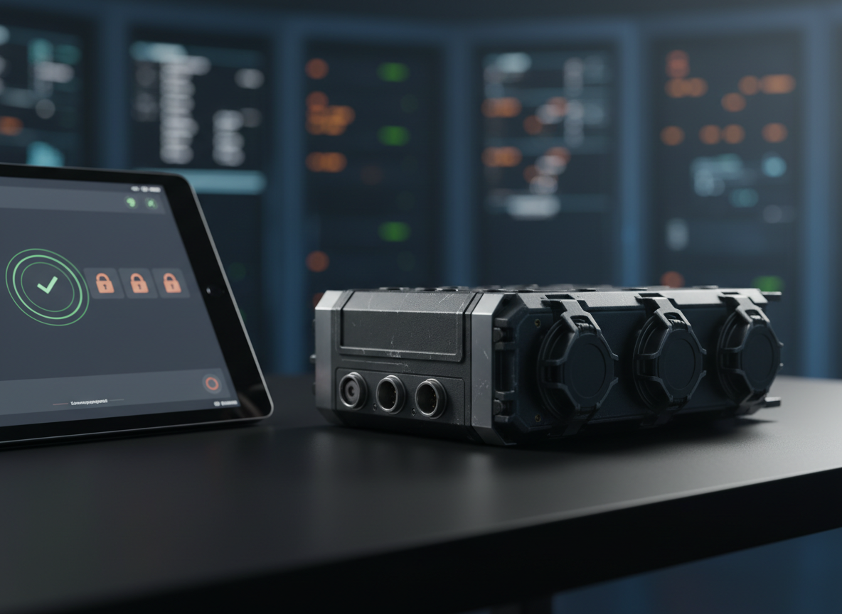 A close-up, photographic shot of a rugged, modular communications device for defence use, with textured dark-grey casing, secure connection ports, and subtle wear marks suggesting field reliability. The device rests on a clean, matte black operations table alongside a digital tablet displaying abstracted approval icons, geographic filters, and locked symbols with no legible text. Focused studio lighting from the top right creates crisp highlights along metal edges and gentle falloff into a softly blurred background of control-room equipment. Framed using the rule of thirds with shallow depth of field, the mood is precise and professional, emphasizing secure connectivity, controlled access by geography and buyer type, and non-glorified, functional hardware.