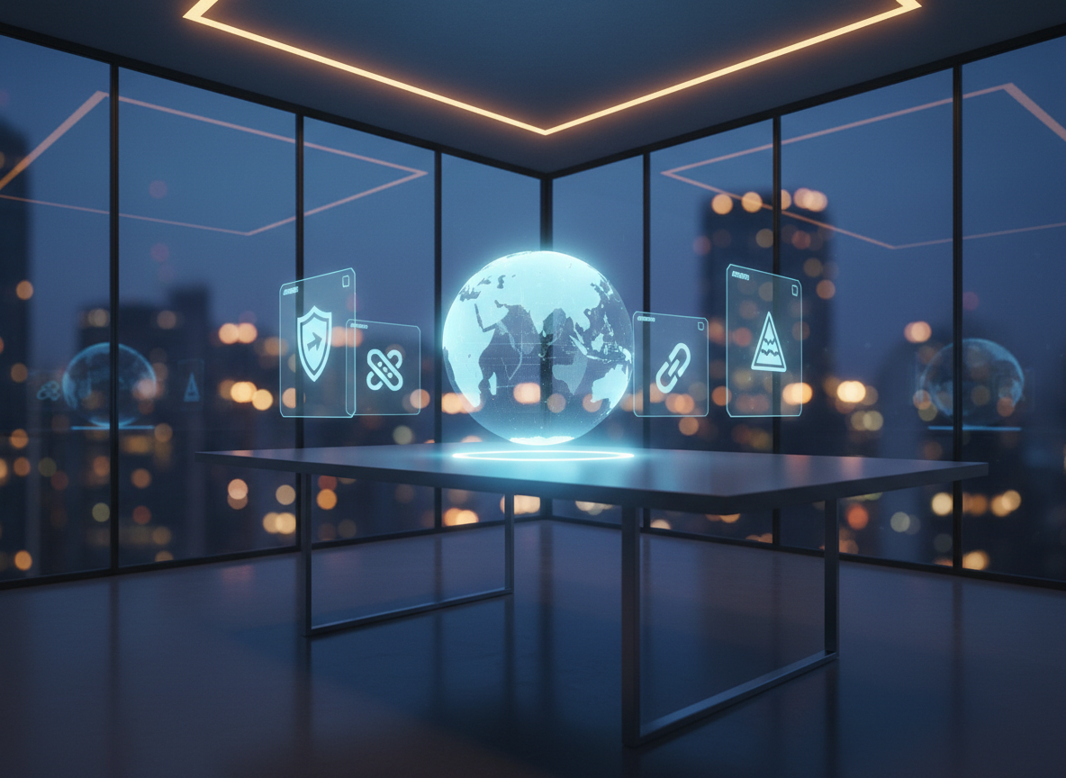 A sophisticated, glass-walled briefing environment overlooking an abstracted, out-of-focus city at dusk, with a central, translucent holographic globe hovering above a minimal steel conference table. Around the globe, floating UI-style panels display stylized icons for export controls, licensing, and risk ratings, all without text. The room is illuminated by a cool, ambient blue glow from the holographic display, with subtle warm accent lighting in the ceiling creating balanced contrast. Shot in photographic realism from a low-angle three-quarter view, the globe is centered with the city lights as soft bokeh, evoking strategic oversight, responsible global defence trade, and a calm, non-aggressive atmosphere.